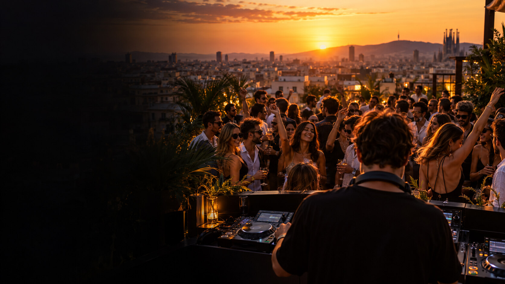 Vista des de la cabina del DJ cap al públic ballant en un esdeveniment al capvespre